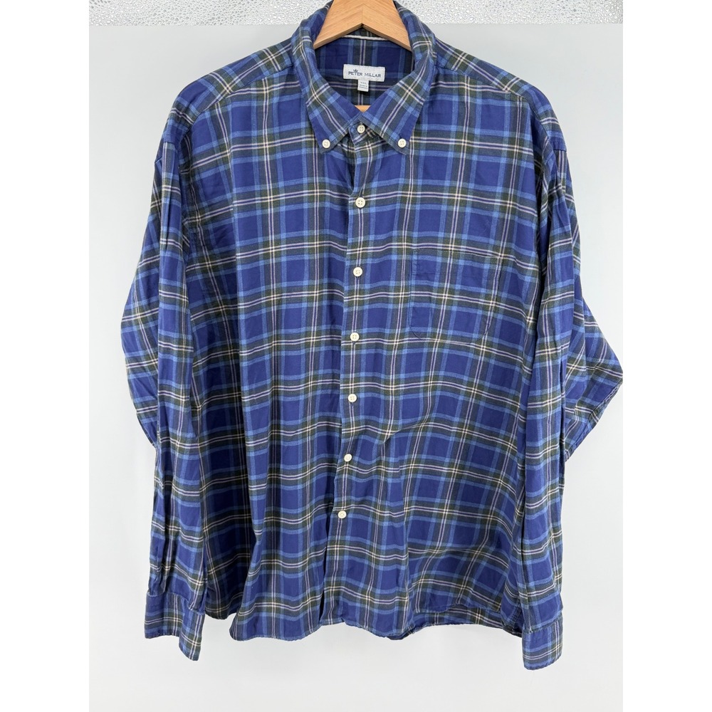 Peter Millar Mens XXL Blue Plaid Cotton Button Up Shirt Long Sleeve Pocket 0915